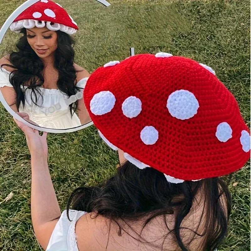 Custom Ladies Cute Mushroom Hat Handmade Crochet Little Red Riding Hood Thread Hat Tale Style Casual Warm Decorative