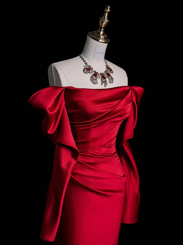 

Элегантное красное атласное вечернее платье с одним открытым плечом и длинным рукавом, фасон «русалка», для торжеств и свадеб