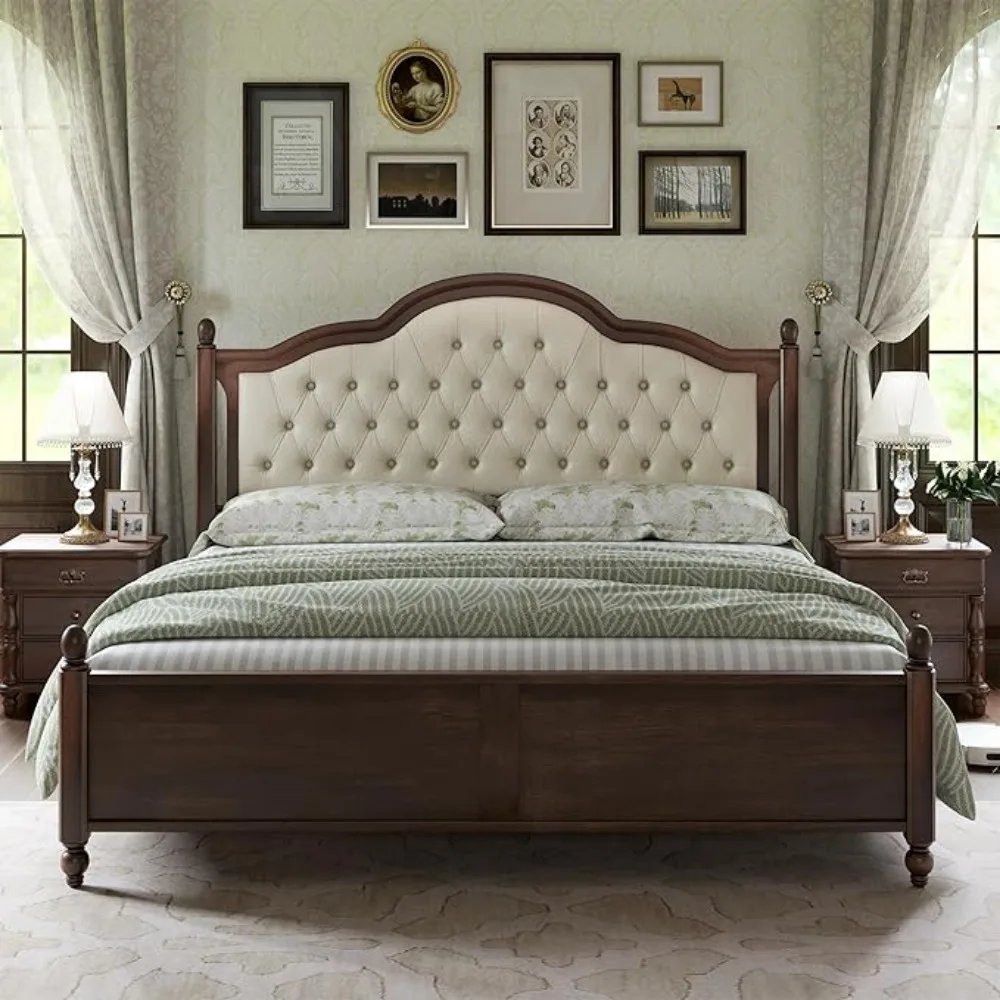 Solid Wood Bed Frame Queen Size, Transitional Platform Bed with 52.5" Upholstered Tufted Headboard, Rubberwood/Roman Column image 2