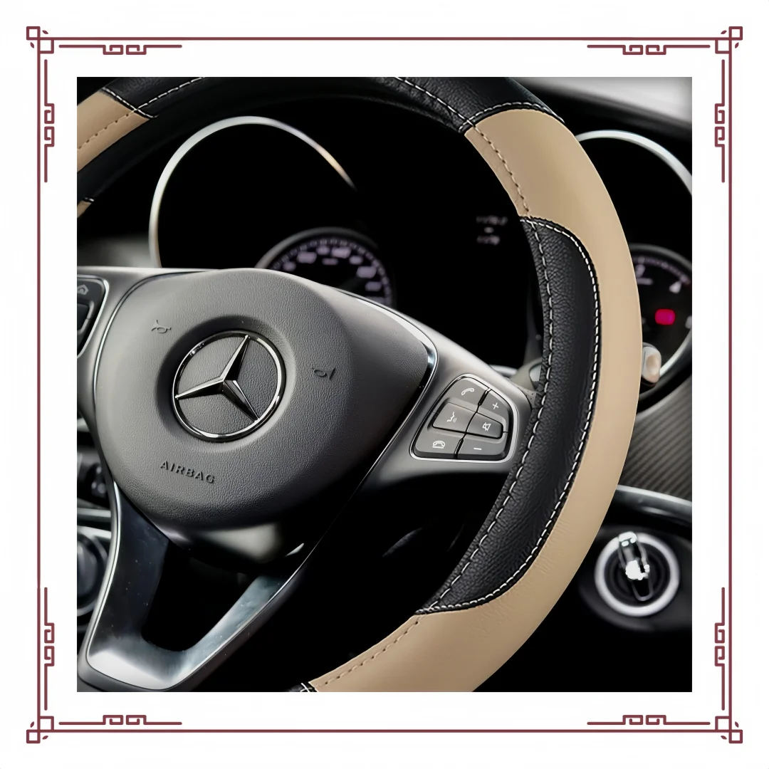 Leather Steering Wheel Cover - Non-Slip Grip & Breathable, Universal Fit for Cars, Trucks, SUV (Beige)