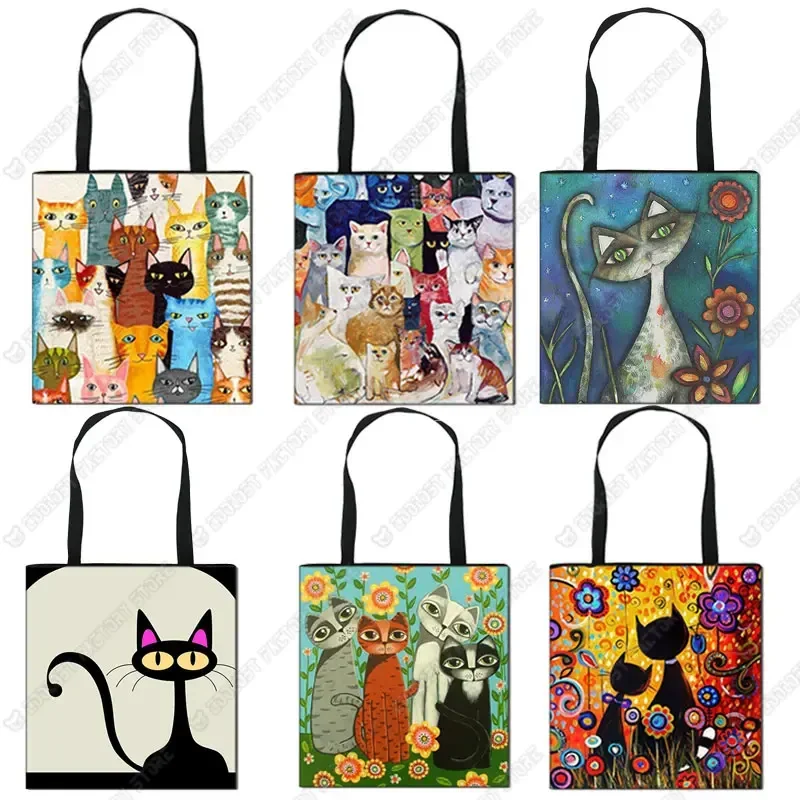 Bolso de lona con estampado de gatos y dibujos animados para mujer, bolsa de hombro práctica de viaje, a la moda