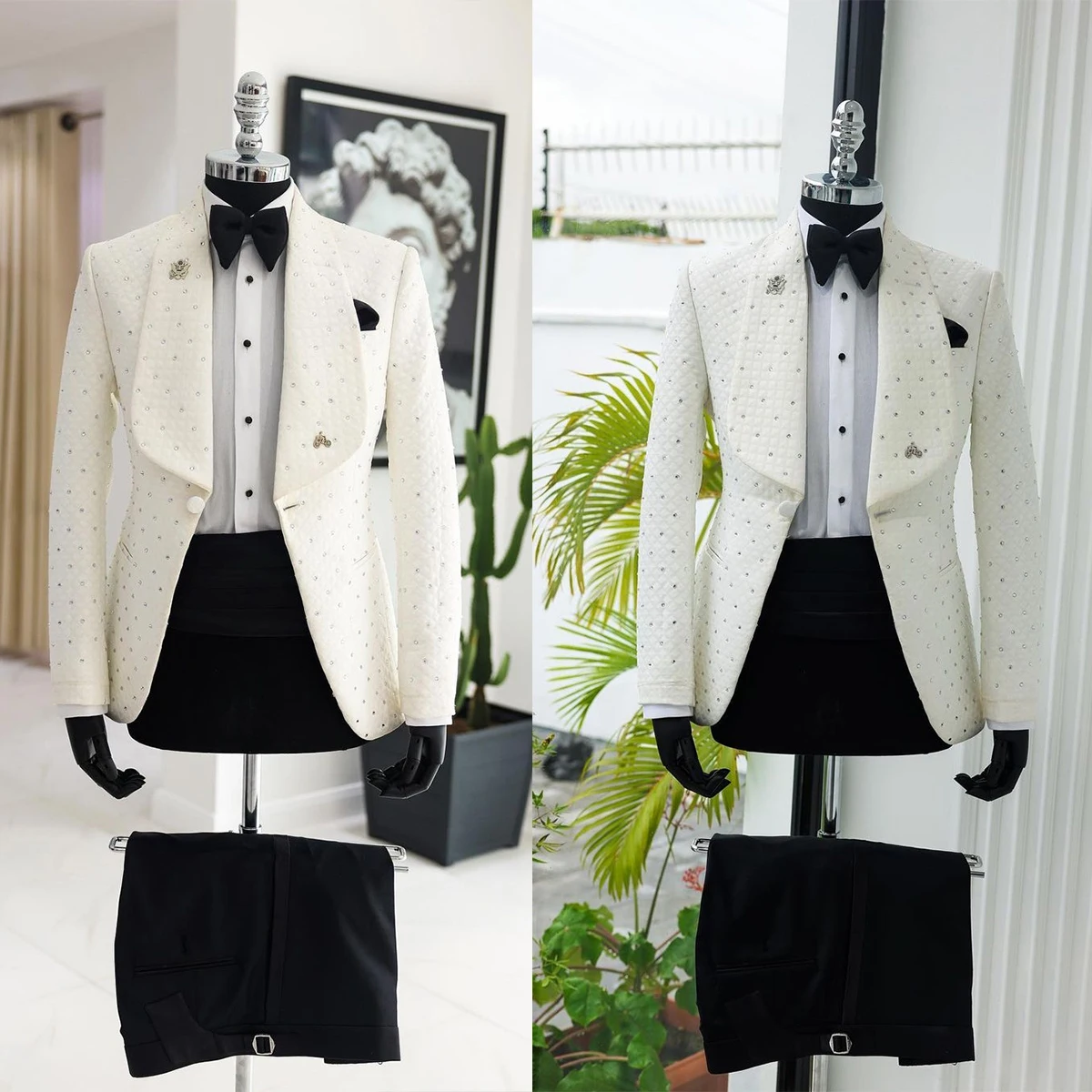 Men's Suit 2 Pieces White Blazer Black Pants One Button Wide Lapel Business Beads Formal Work Wear Wedding Groom Costume Homme