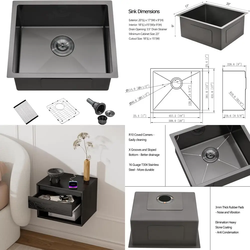 

Deep Matte Black 16 Gauge Stainless Steel Undermount Kitchen Bar Sink, 20x17 Inch, Large Capacity for Modern Home Kitchens