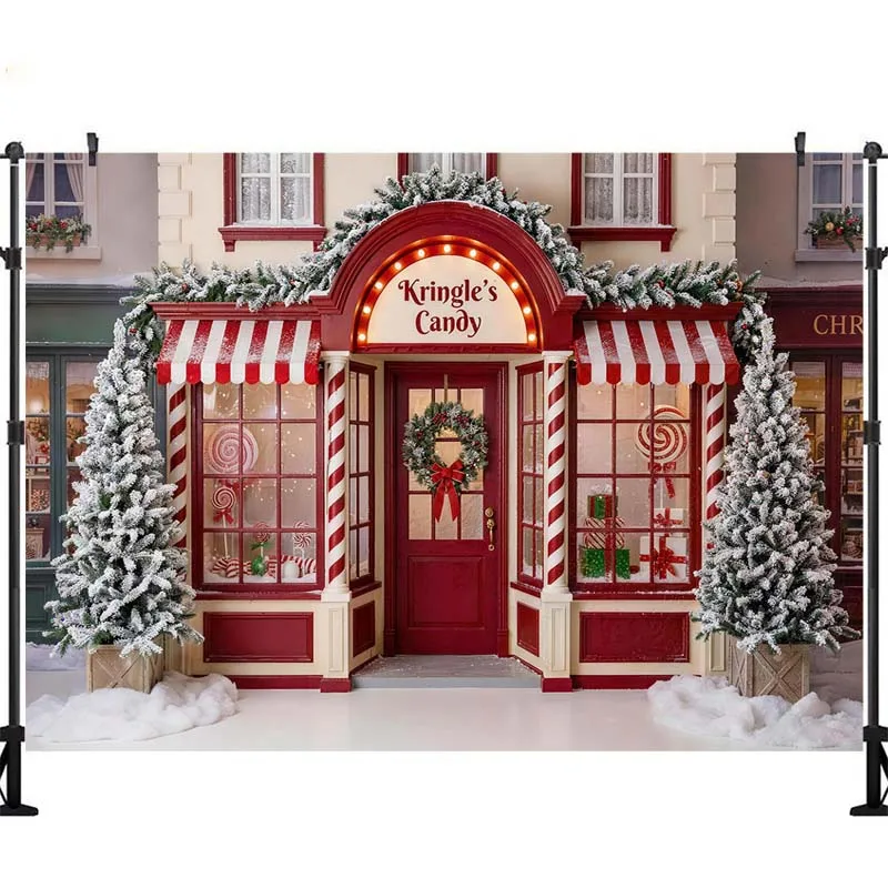 LS Red Xmas Candy Cane Store Background Photography Santa Claus Workshop Gift Snow Backdrop Decor Winter Kid Photo Studio view 5