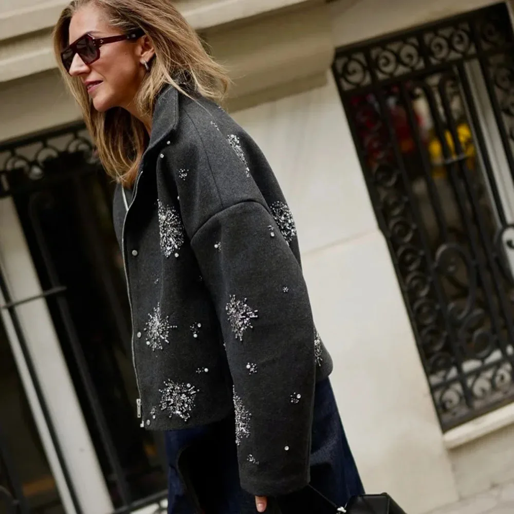 Women Dark Grey Sequin Design Knit Sweater Jacket Autumn Winter Warm Loose Fit Knitted Overcoat Long Sleeve Casual Outerwear