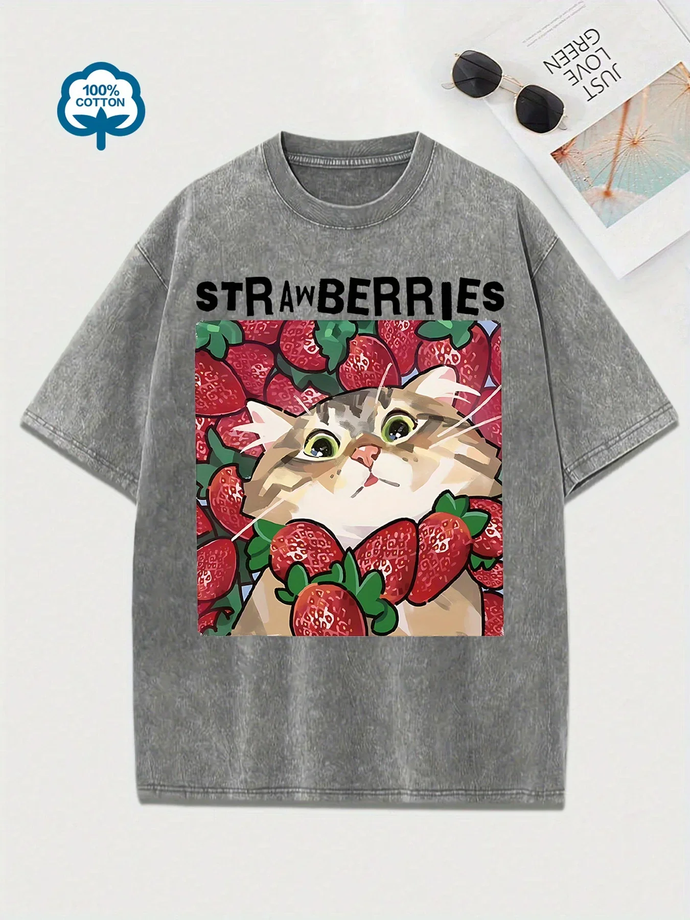 Cute Cat Strawberry Print Vintage Washed Gray Casual 100% Cotton T Shirt