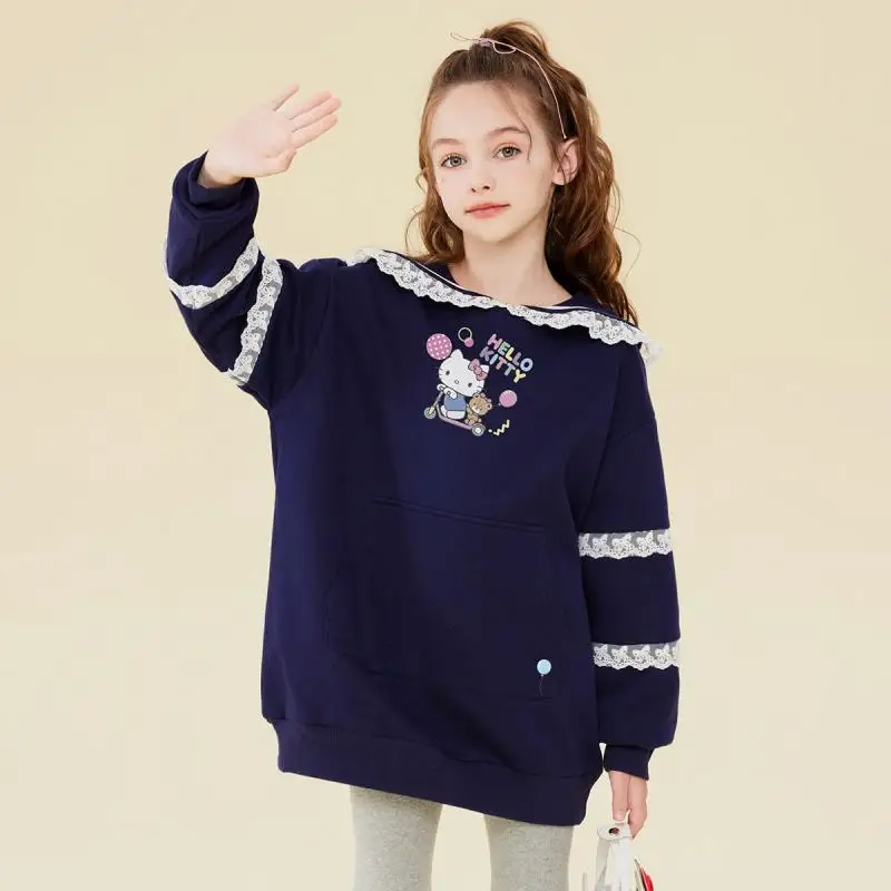 Child Hoodie Autumn Children Medium Length Navy Collar Long Sleeve Tops Kawaii Kt Cat Cartoon Sweatshirt Dress Bottom Shirt Gift