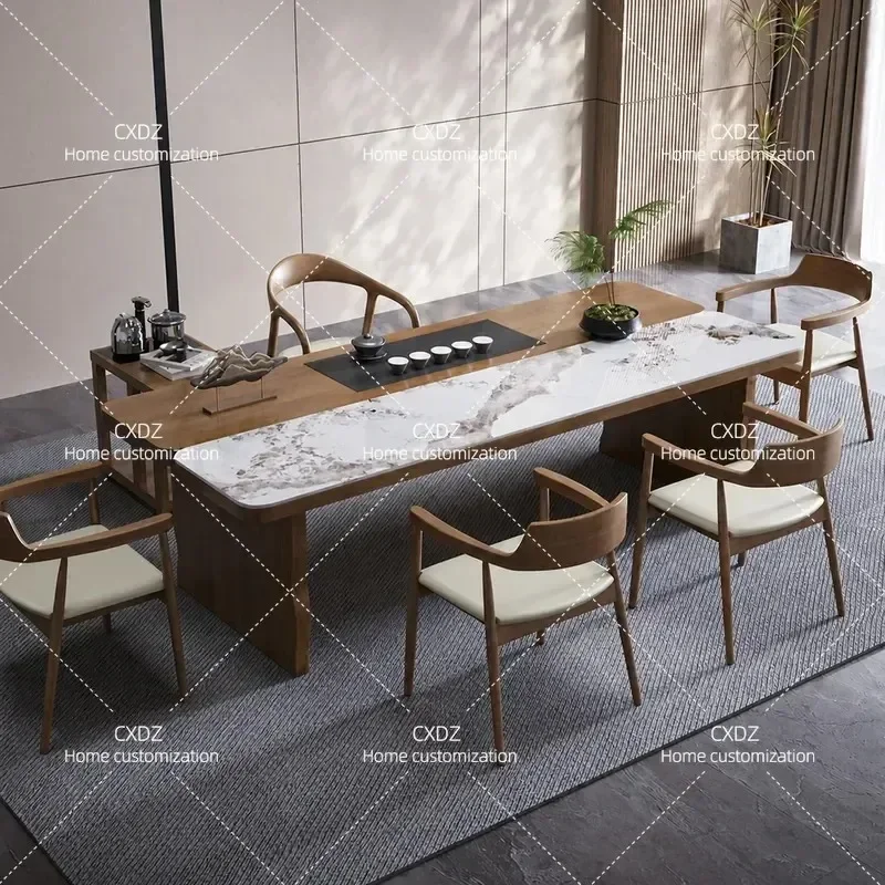 New Chinese Style Solid Wood Large Board Tea Table and Chair Combination Modern Simple Home Office Slate Log Kung Fu Tea
