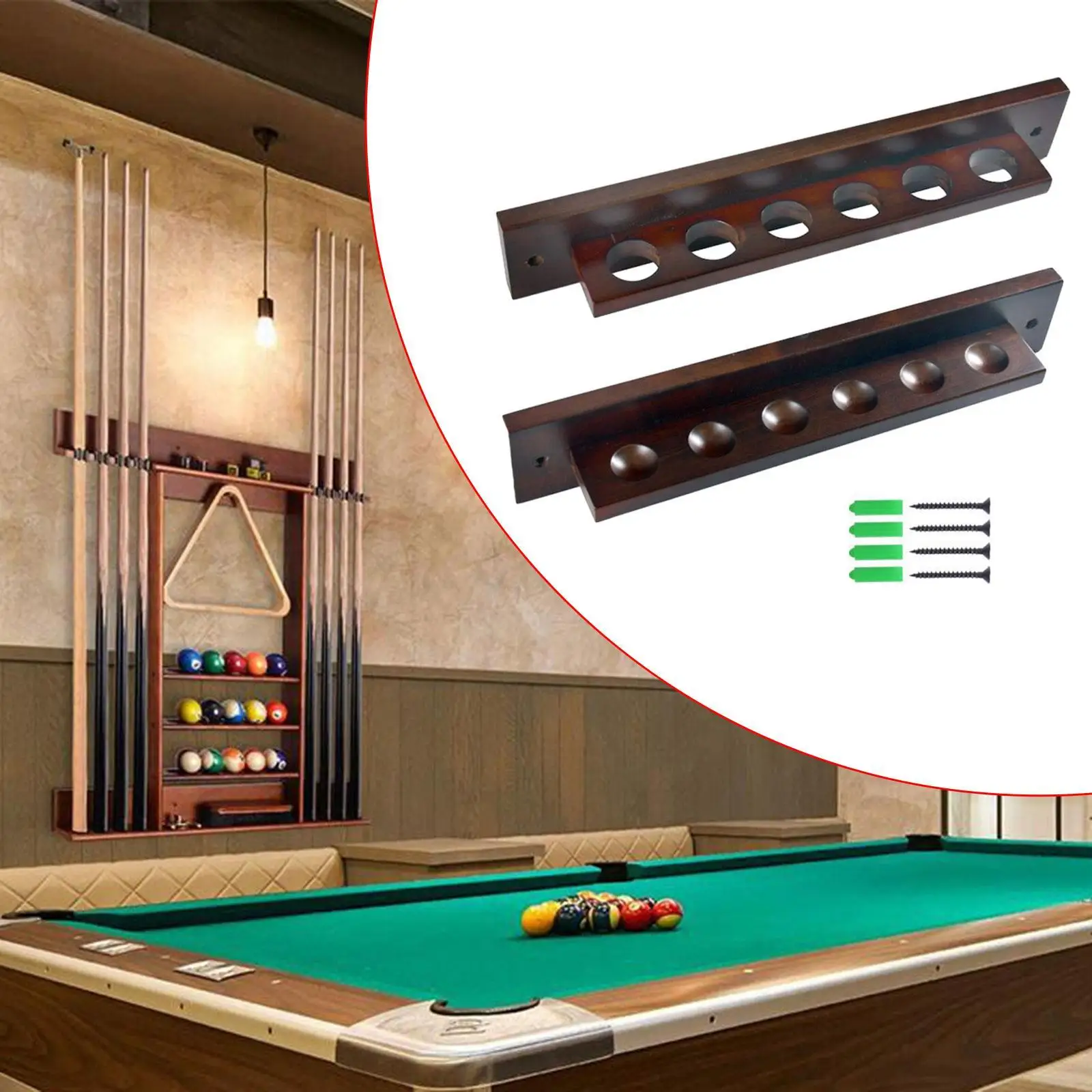 Wall Mount Cue Rack Pool Table Accessories Organizer Wood 6 Cues Holder 6 Pool Cue Wall Rack for Community Center Billiard Room