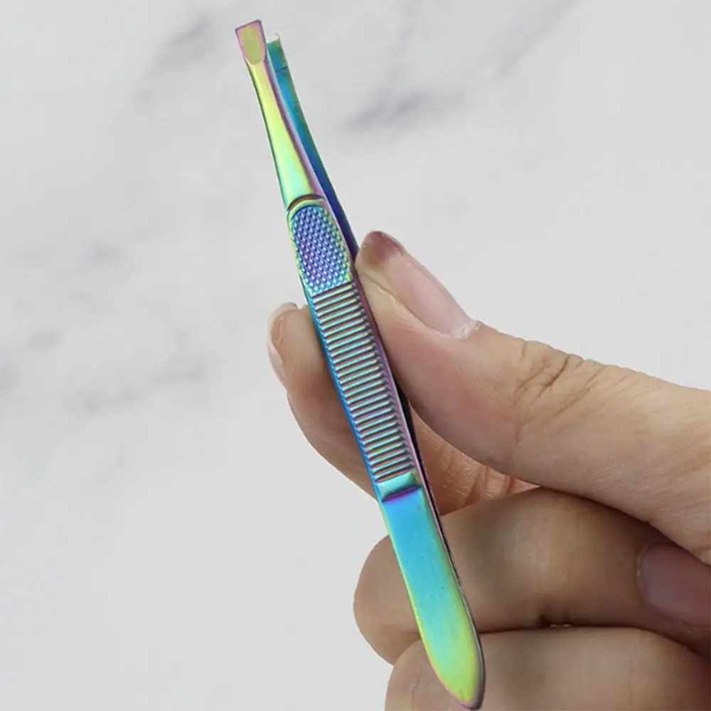 Edelstahl-Pinzette zum Trimmen der Augenbrauen, flache Spitze, Zupfen, Augenbrauen-Clips, schräge Spitze, Netz-Streifengriff, Wimpernzange für Mädchen