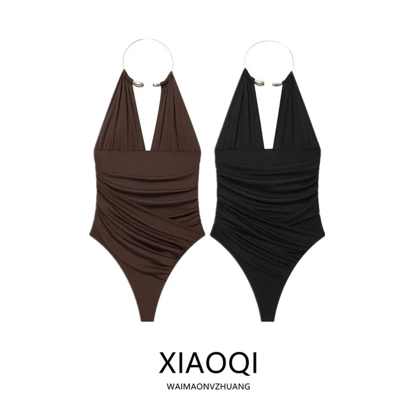 

Fall 2025 New Women's Metal Lobone Chain Nelace Decorated Bal Bodysuit High Waist Straight Leg ort Pants