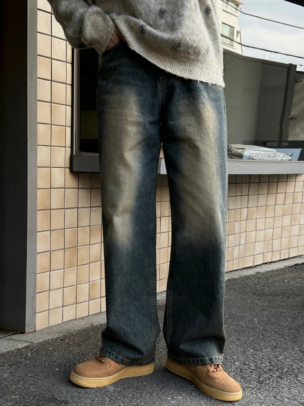 

TANGZ Studio Men's Vintage Straight Leg Jeans Warm Wide Leg Pants Korean Sle Winter Comfortable Denim mid Waist Button Fly