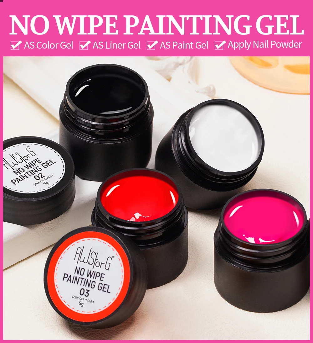 AWStorG 5 g 4-in-1 No Wipe Painting Gel Lack No Flowing Black White Color Painting Liner Nail Art Glitter UV Gel Top Coat Man – Detail 1