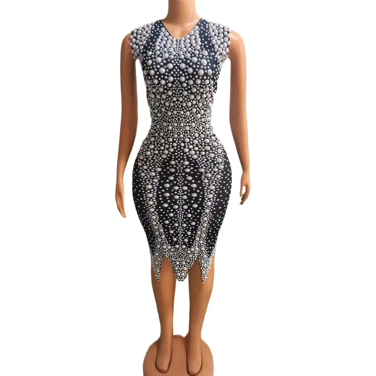 

Elegant Sleeveless Rhinestone Pearl Party & Sparkling Cocktail Evening Dress Women Vallentain Dress Crystal Embellished Dresses