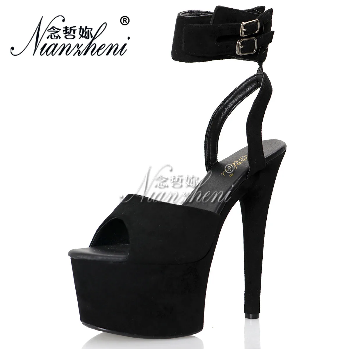 17cm Peep Toe Black Flock High Thin Stripper Heels 7Inch Exotic Pole Dance Sandals Platform Exotic Dancer Gothic Women's Shoes