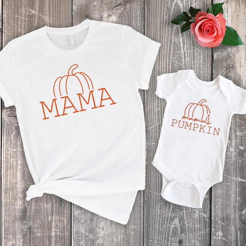 

Mama Pumpkin Tshirt Fall Shirt Baby Girl Romper Mommy and Me Mom Baby Outfit Matching Family Baby Shower Gift