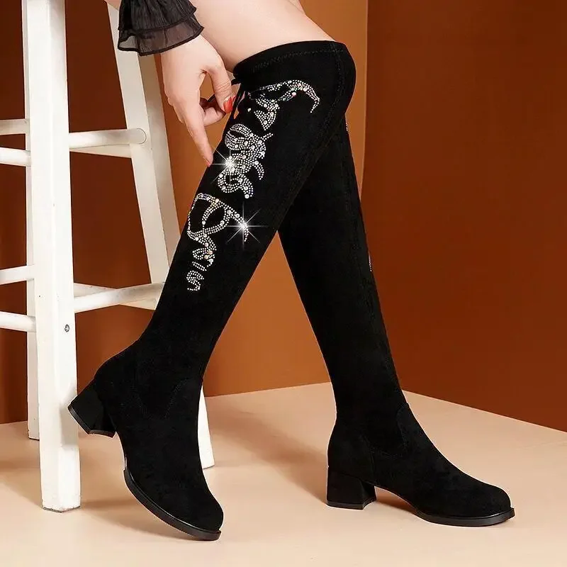 Elastic Above Over The Knee Black Shoes for Women Thigh High Footwear Round Toe Sock Rhinestone Ladies Boots 2024 New Pu Rock In