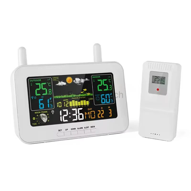 Estación meteorológica inteligente, medidor de humedad y temperatura Hi/Lo, despertador DCF, calendario, pronóstico de presión atmosférica, salida de puerto USB