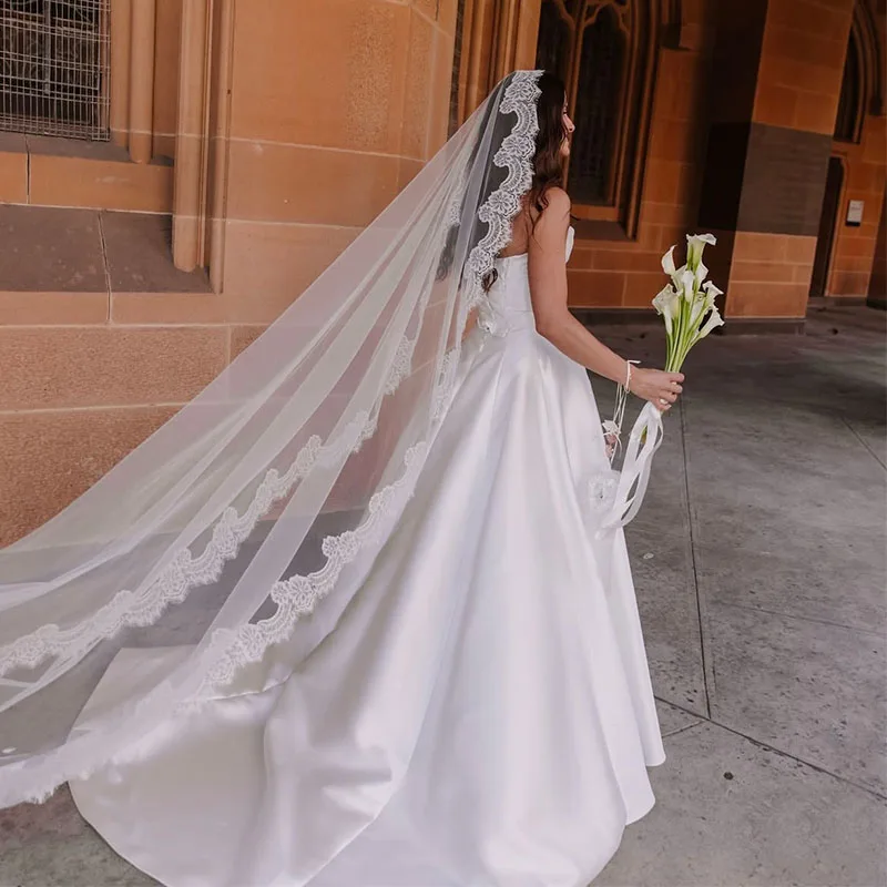 طرحة زفاف طويلة مذهلة مع حافة الدانتيل خمر طبقة واحدة بيضاء لينة شبكة الحجاب الزفاف 3 أمتار مخصصة حجاب العروس الكنيسة