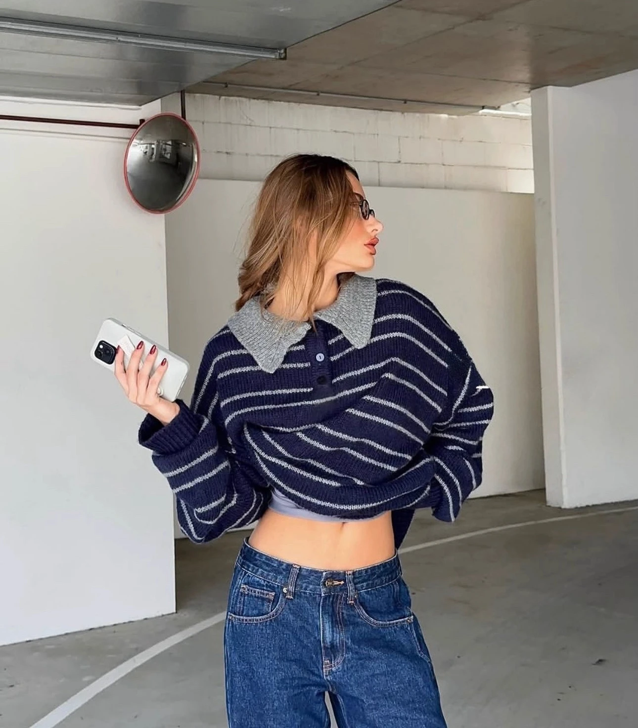 

Свитер-поло Rising Sun в полоску с вязаным воротником Свитер для регби темно-синего цвета