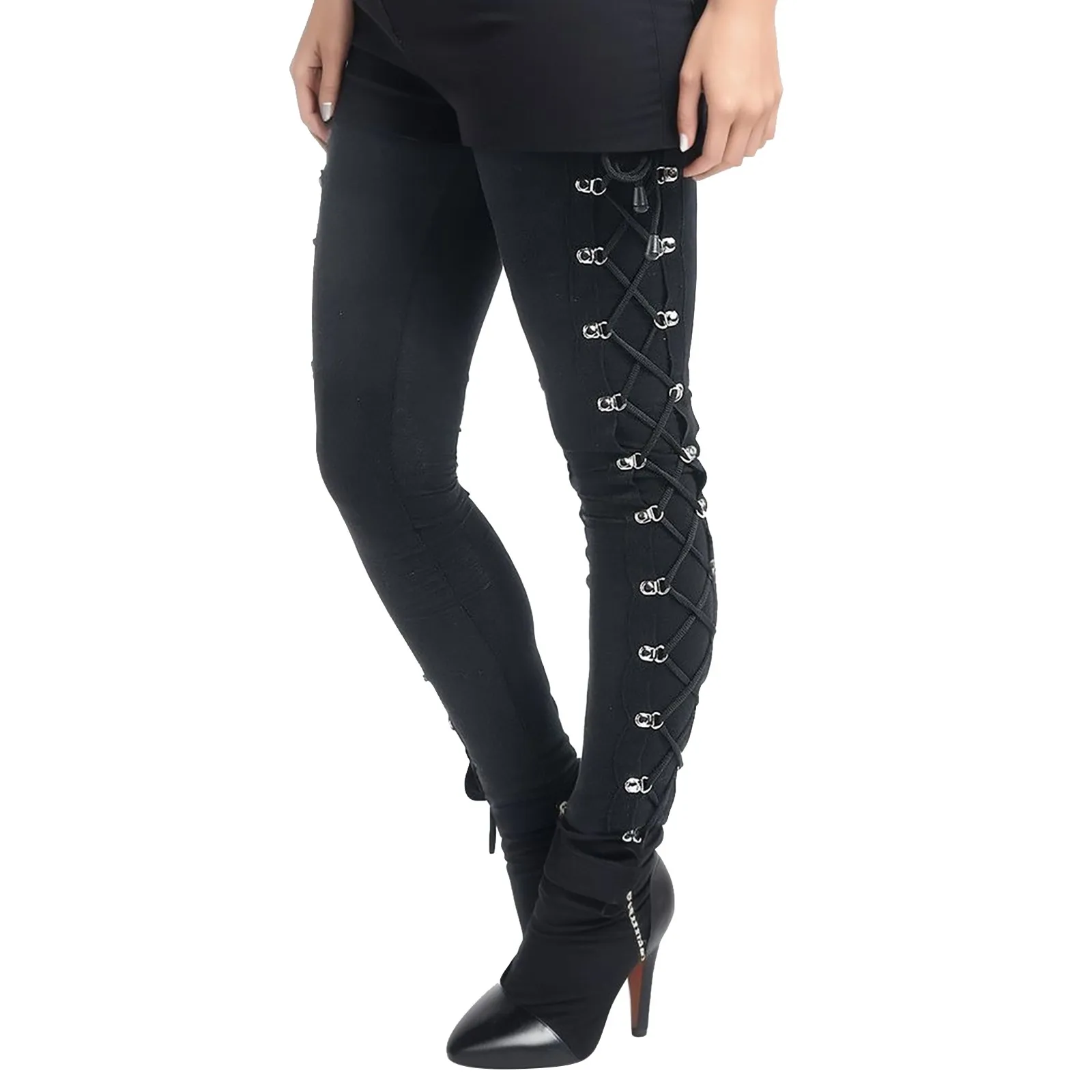 Medieval Gothic Women's Black Leggings Pans Side Lace Up Push Up Women Slim Fit Trousers Punk Style Women's Long Pants Clothes