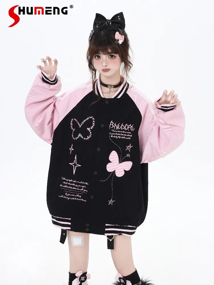 

Американский Highstreet Sweet Hot Y2K Girl с вышивкой бабочки, однобортная повседневная свободная бейсбольная куртка для женщин, осень