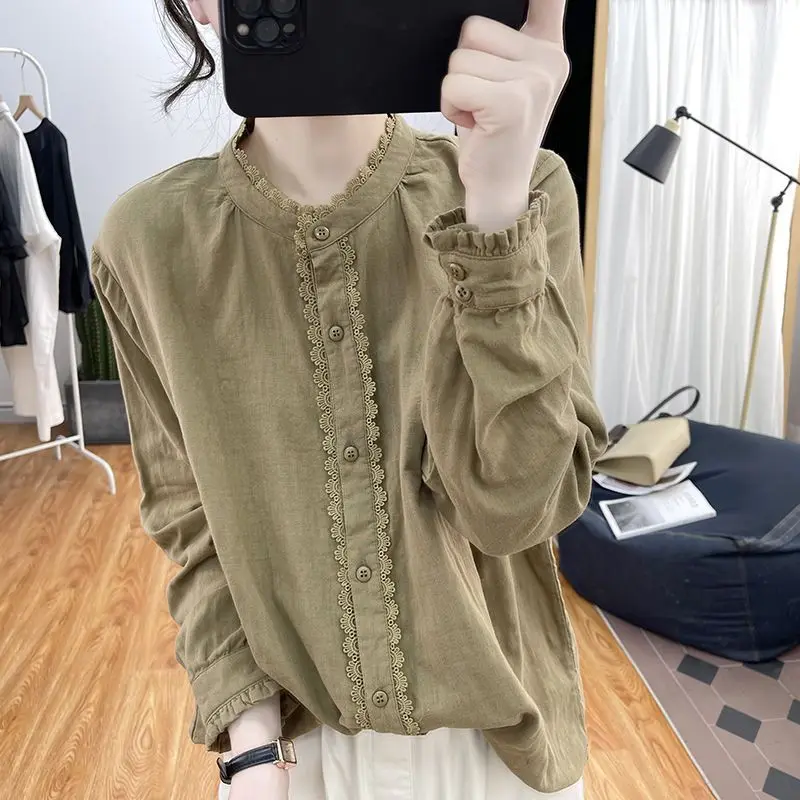 2023 New Spring Summer Round Neck Long Sleeve Loose Single-breasted Solid Color Lace Ruffles Korean Style Office Women\'s Shirt