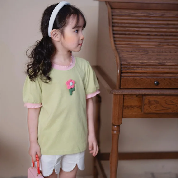 

Girls Top 2024 Summer New Childrens Clothing Korean Style Foreign Style Girl Baby Short Sleeve Printed T-shirt Casual Simple