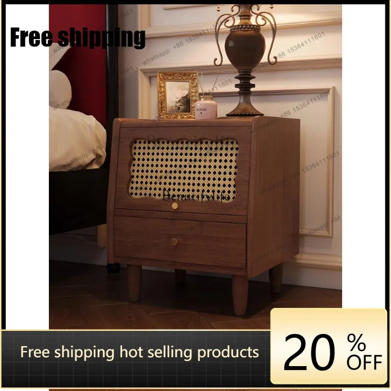 JJ American retro solid wood walnut side cabinet French bedroom storage table rattan small cabinet
