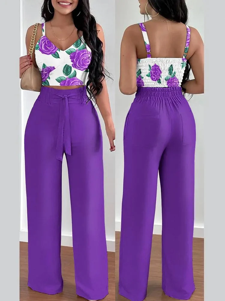 Conjunto de dos piezas con estampado de verano para mujer, traje sin mangas con cuello en V y espalda descubierta, Tops, pantalones largos a juego,