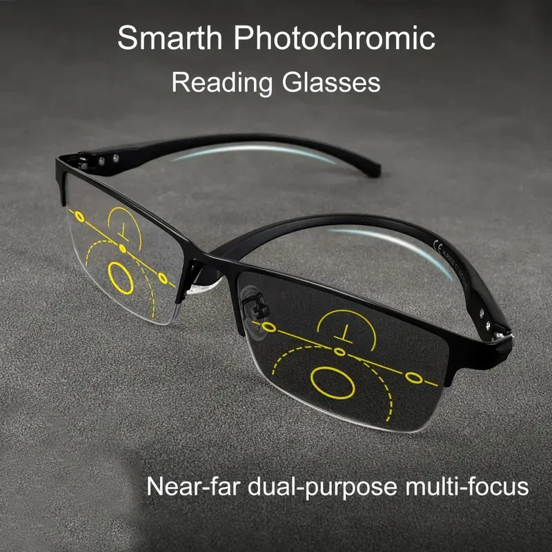 Photochrome Lesebrille Multi-Fokus Progressive Leichte TR90-Bügel Legierungsrahmen Vergrößerungs Presbyopie-Brille 1,5