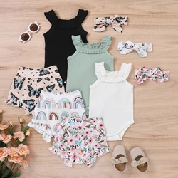 3PCS Summer Baby Girls 0-2 Years Old Soft And Comfortable Solid Color Pit Strip Halter + Multi-Pattern Shorts Casual Suit