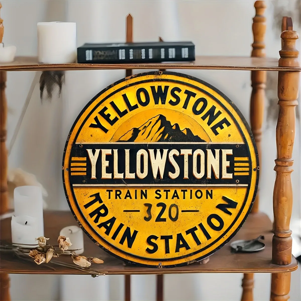 Vintage Yellowstone Train Station Circular Tin Metal Signs Home Décor 8x8