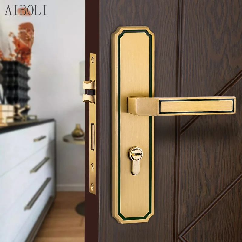 Indoor Silent Household Door Lock, Villa Bedroom Wooden Door Door Lock Golden Handle Lock