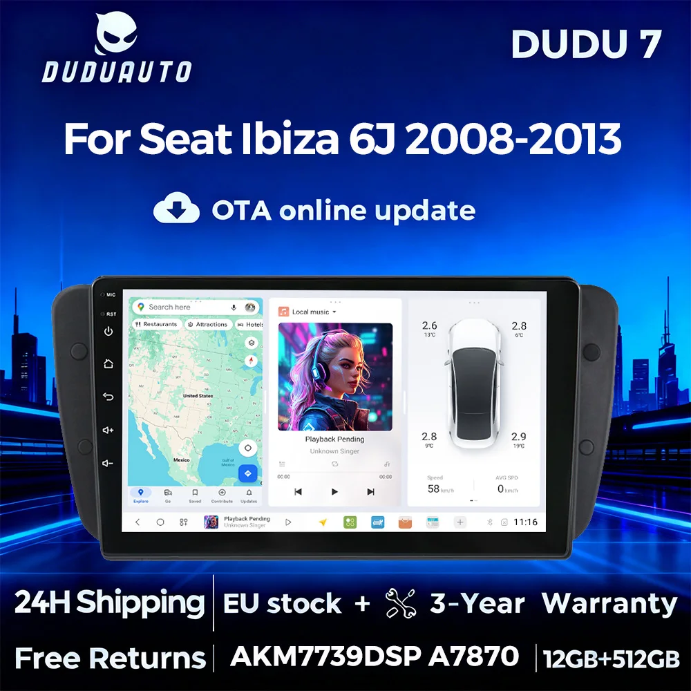 DUDUAUTO DUDU3 DUDU7 Autoradio Android 13 avec CarPlay sans fil et Android Auto pour Seat Ibiza 6J 2008 2009 2010 2011 2012 2013 2din, Navigation GPS 4G LTE WIFI BT DSP, Lecteur Multimédia Automobile, Mise à Jour OTA en Ligne, Système d'exploitation DUDU, Écran de Navigation GPS avec Commandes au Volant (SWC)