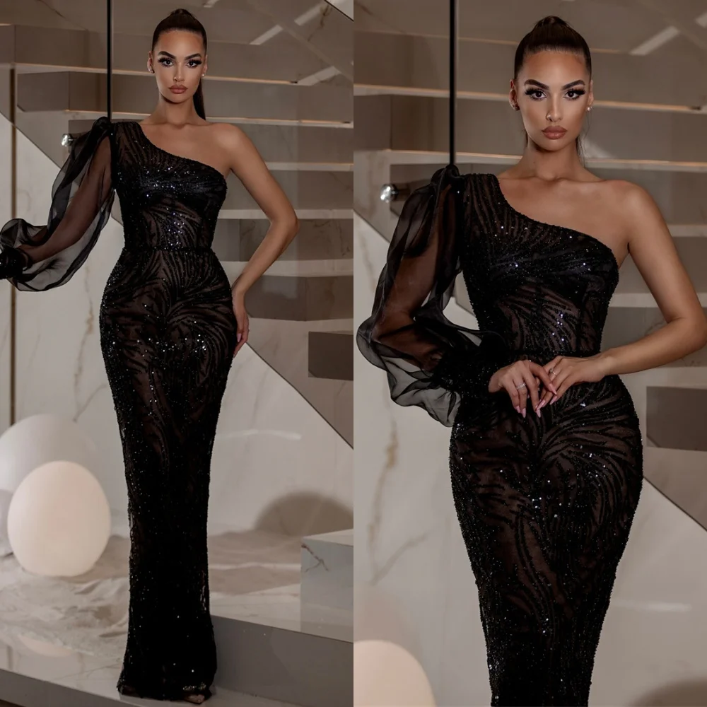 

Customized Exquisite Black Tulle Evening Dress Modern One Shoulder Long Sleeves Special Occasion Gowns Mermaid Prom Dress