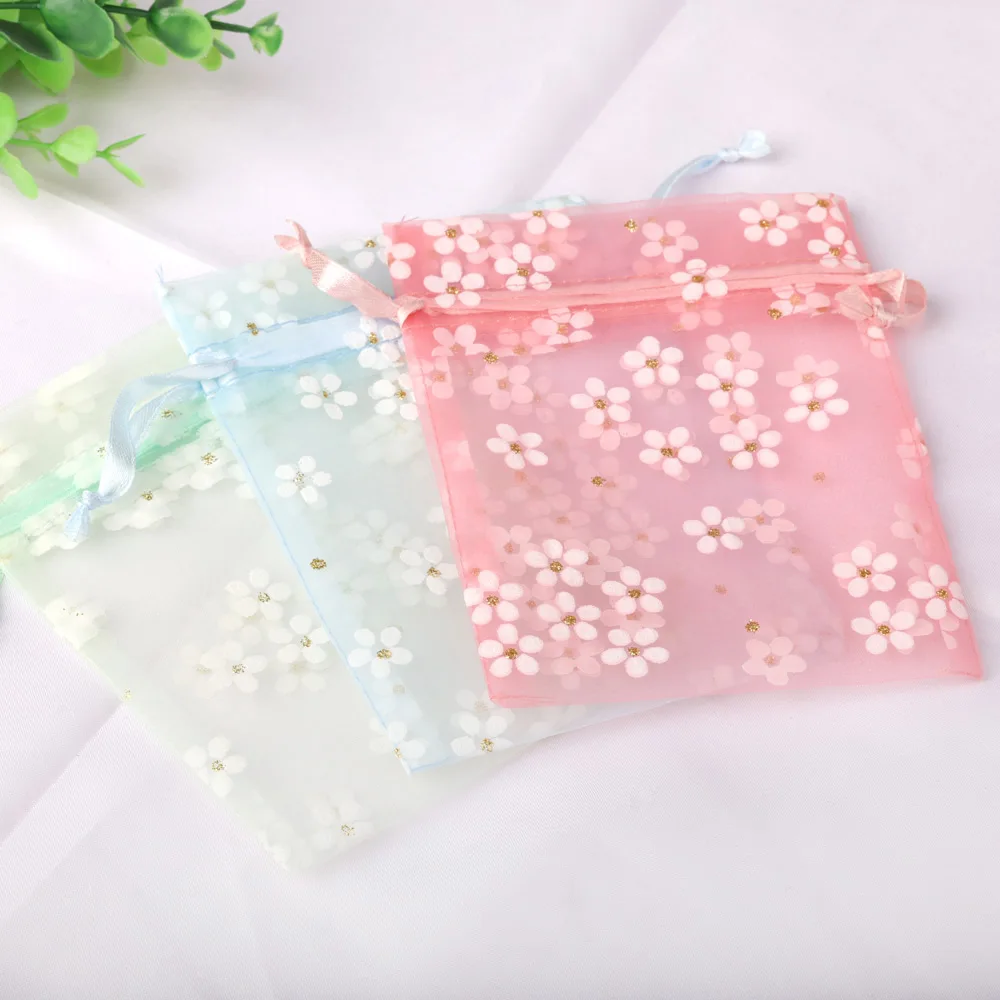 10pcs 10x14cm 13x18cm 16x23cm Light Colors Organza Bags Flower Printing Wedding Candy Packaging Drawstring Pouches Gift Bag