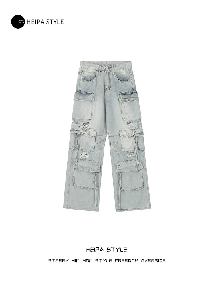 Retro American Workwear Men's High Street Trendy Loose Straight Leg Multi Pocket Ripped Wide Leg Jeans Youth Popular All Seasons