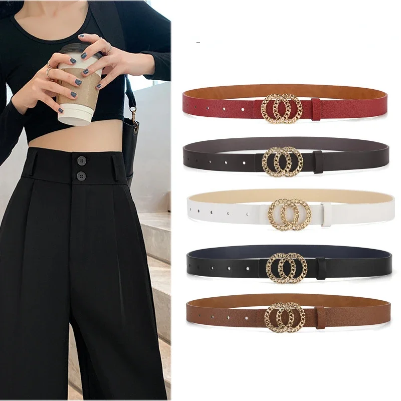 

Gold Double Loop Metal Buckle Leather Belt Women Luxury Design Fashion Casual Dress Accessories Girdle High Quality Gothic Ins