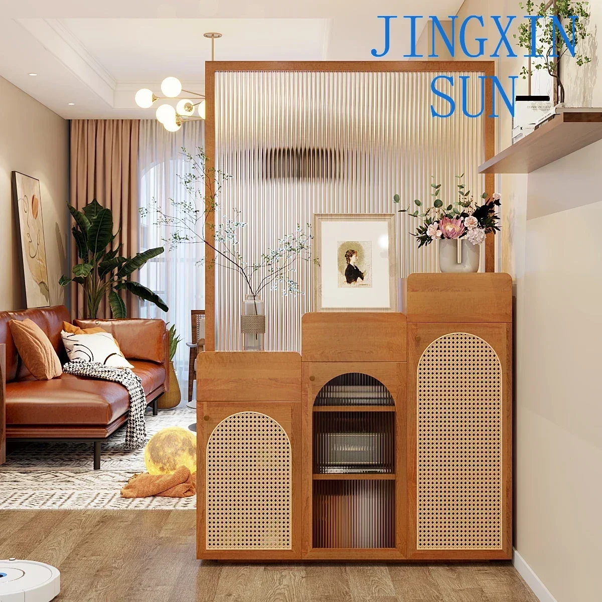Japanese-style rattan screen partition, living room, shoe cabinet integrated solid wood locker, new Chinese-st