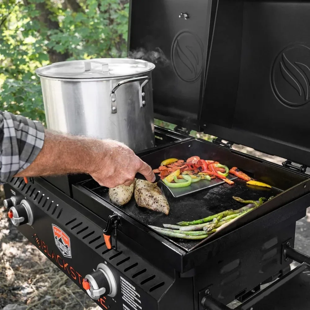 1550 On The Go Combo dengan Roda, Kaki, Kap & Rak Samping, Grill Panggangan BBQ Portabel Tugas Berat dengan Permukaan Datar untuk Dapur