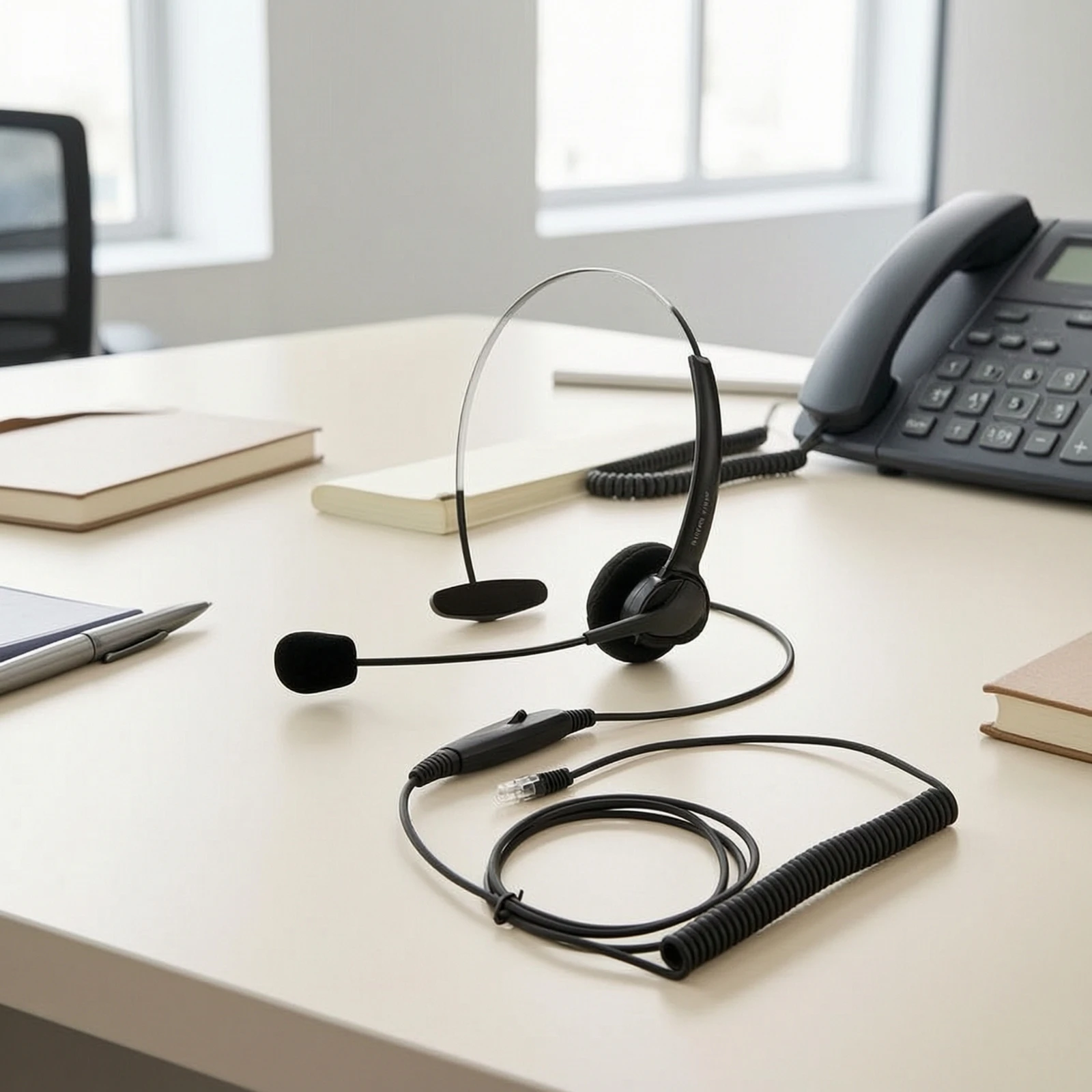 Wired Headset with Single Ear Cushion Coiled Headset with Flexible Audio Pickup Arm Hands-Unrestricted Adjustable