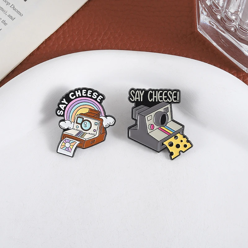 Say Cheese Enamel Pins Vintage Retro Camera Brooches Funny Puns Badge Backpack Lapel Pin Accessories Gift for Friends