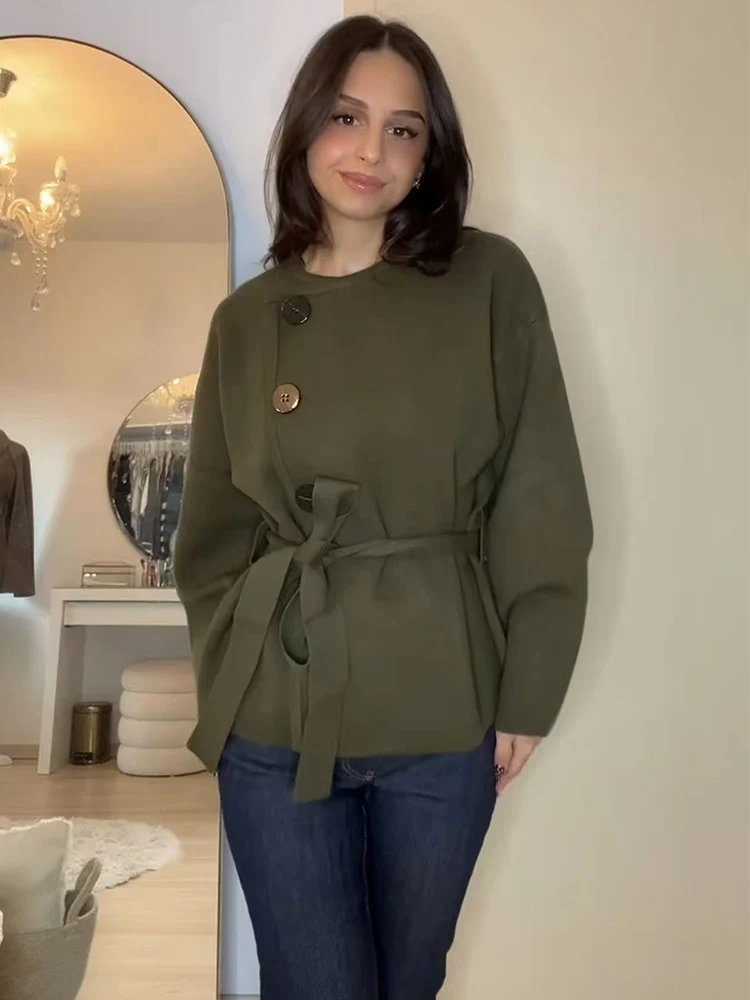 Elegante dames ronde kraag gebreide jas effen volledige mouw enkele rij knopen veterjassen vrouwelijke herfst mode trui outwears