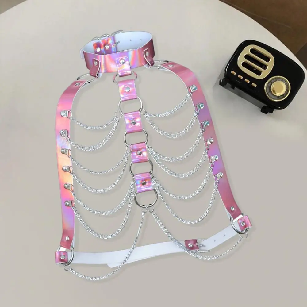 Fashion Waist Chain Sparkling Faux Leather Body Chain Harness Top for Women Punk Festival Outfit with Waist Chest Chains Faux