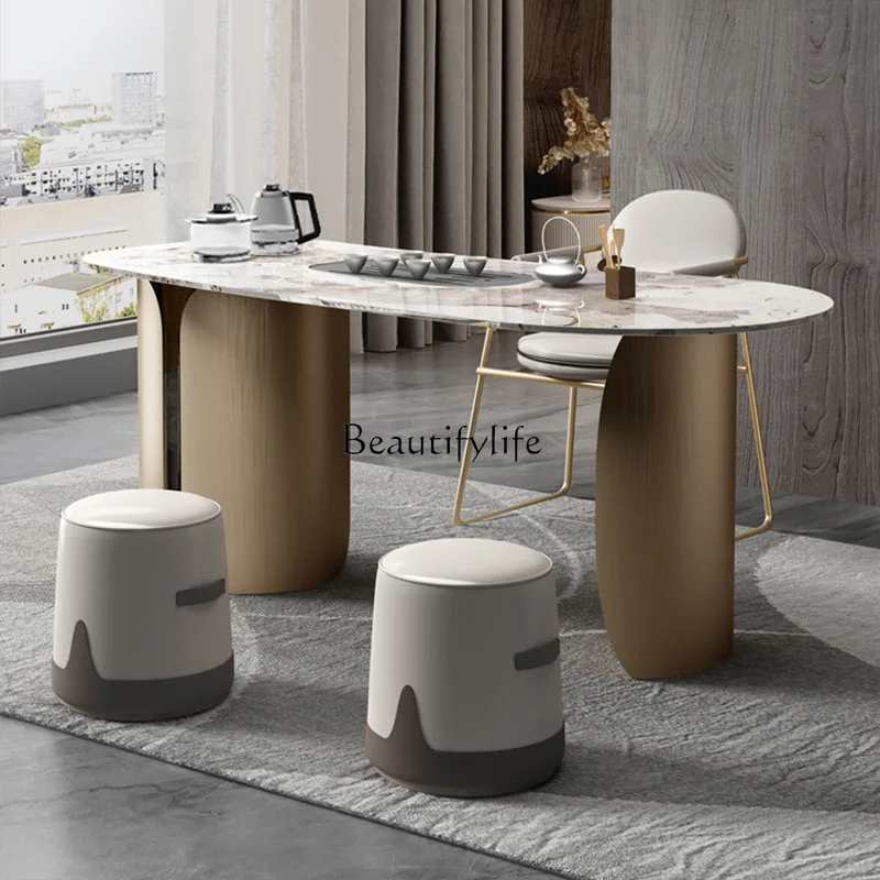 Italian minimalist high-end rock slab tea table chair office balcony automatic boiling water tray integrated