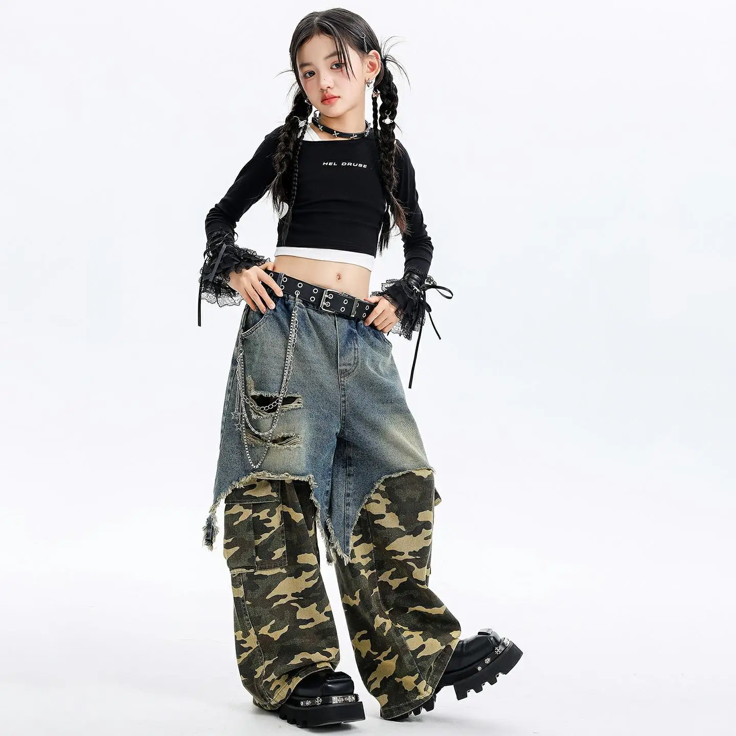 

Детская одежда в стиле K-pop и хип-хоп: черная укороченная футболка с длинным рукавом, камуфляжные джинсы с эффектом потертости и рваные брюки для девочек, костюмы для танцев.