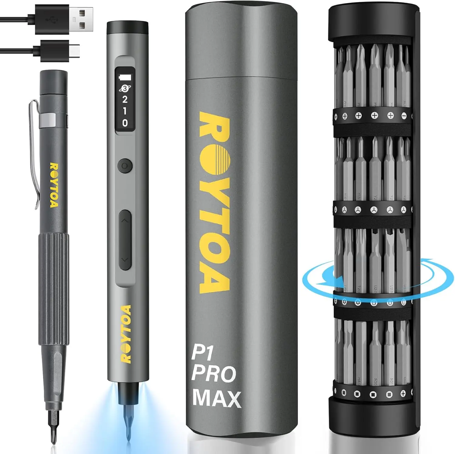

Mini Electric Screwdriver Set 3.7V, Precision Cordless 80-in-1, 4 Torque Settings, 60 S2 Metal Bits, Magnetic Storage for