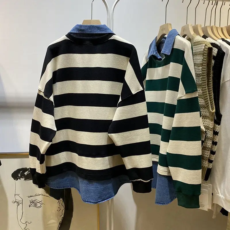 Spring Autumn New Turn-down Collar Fashion Tops Long Sleeve Sweatshirts Women Striped Contrast Color Fake Two Pieces Pullovers