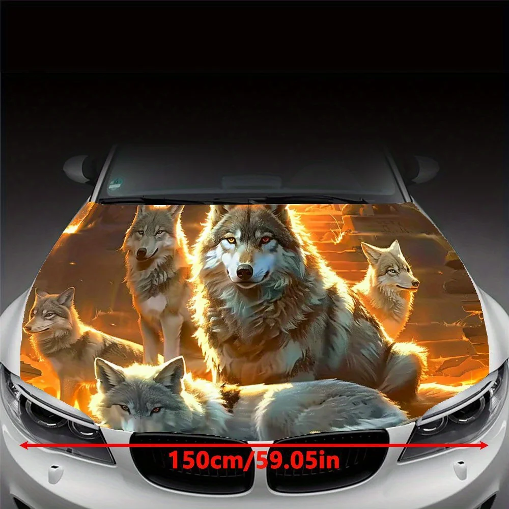 Cool Wolf Pack Car Cover Coating Under Urban Dusk, PVC Waterproof Car Cover Stickers, Self-adhesive Scratch Resistant Stickers,